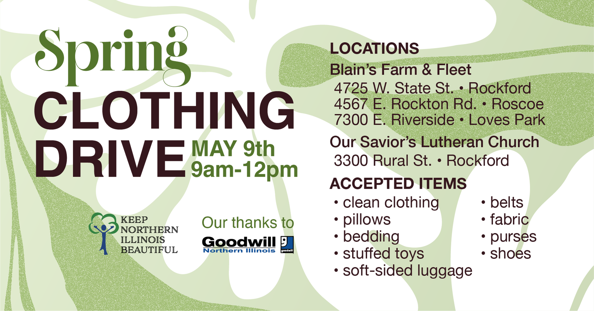 KNIB clothing drive is held in the Spring and Fall.  Textiles can be recycled year round by dropping items off at our Recycle Centers.