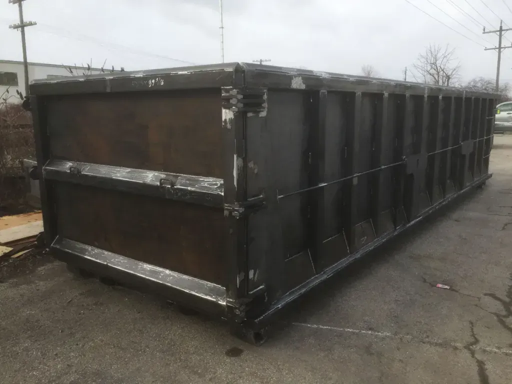 A large dumpster is sitting on the side of the road.