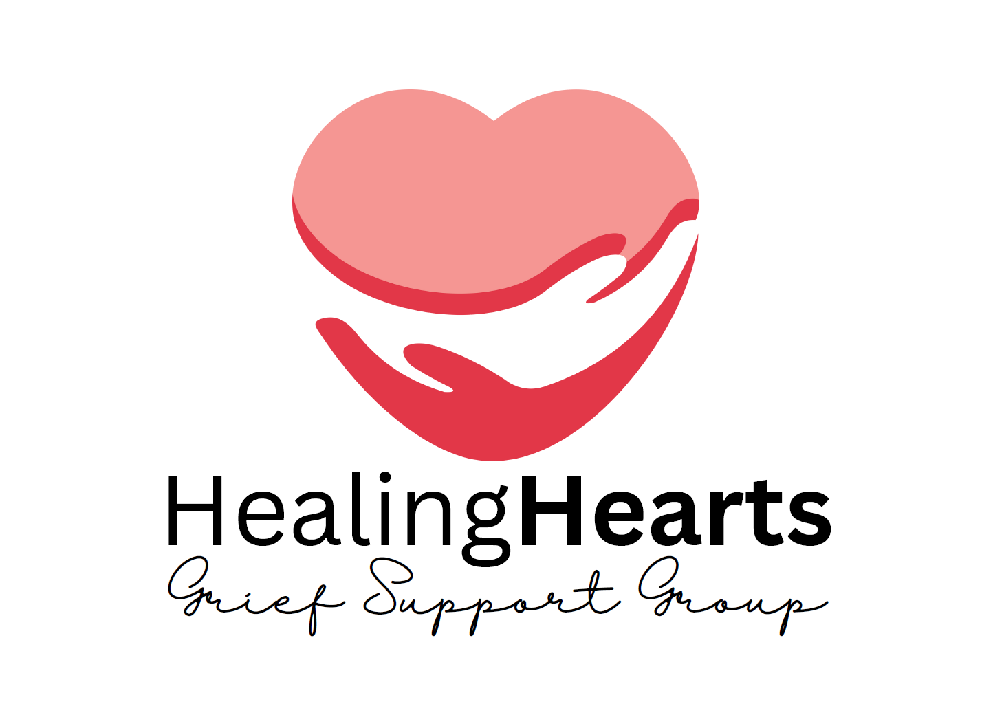 Logo for Healing Hearts: a pink heart held by two hands, with text