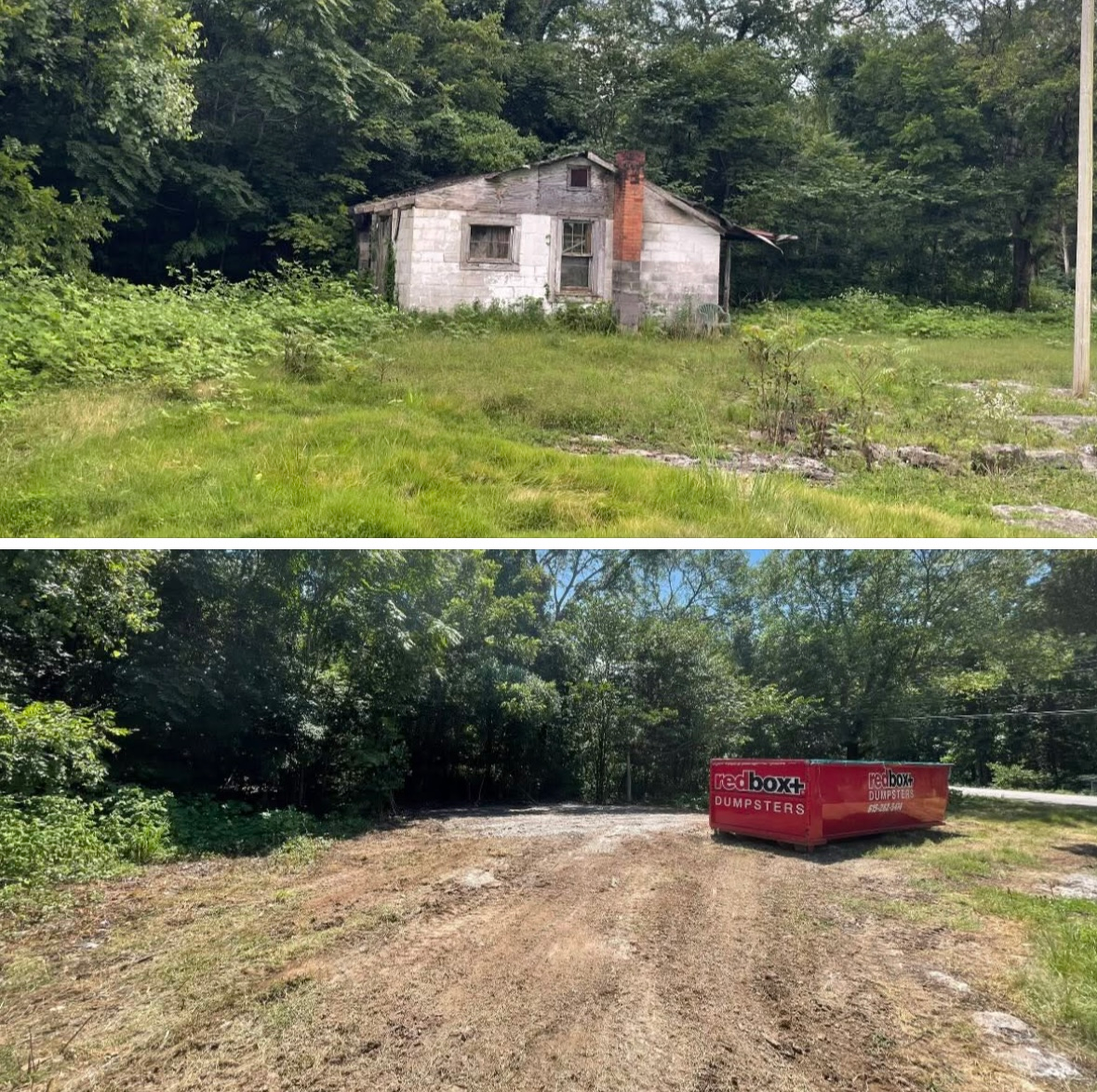 Top: Dilapidated white house in overgrown field. Bottom: Cleared land with red dumpster.