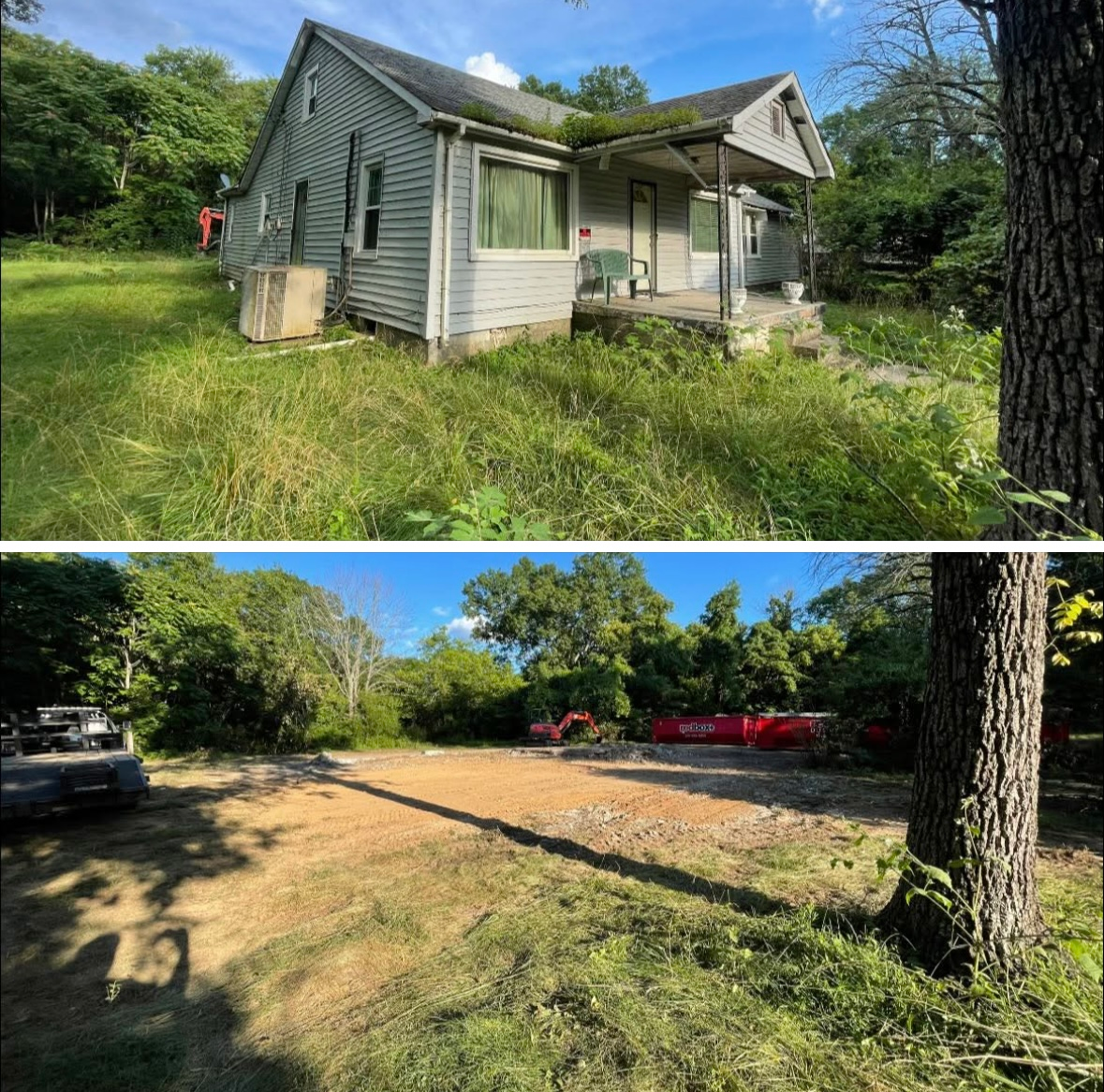 Top: Dilapidated gray house overgrown with weeds. Bottom: Cleared, empty lot.