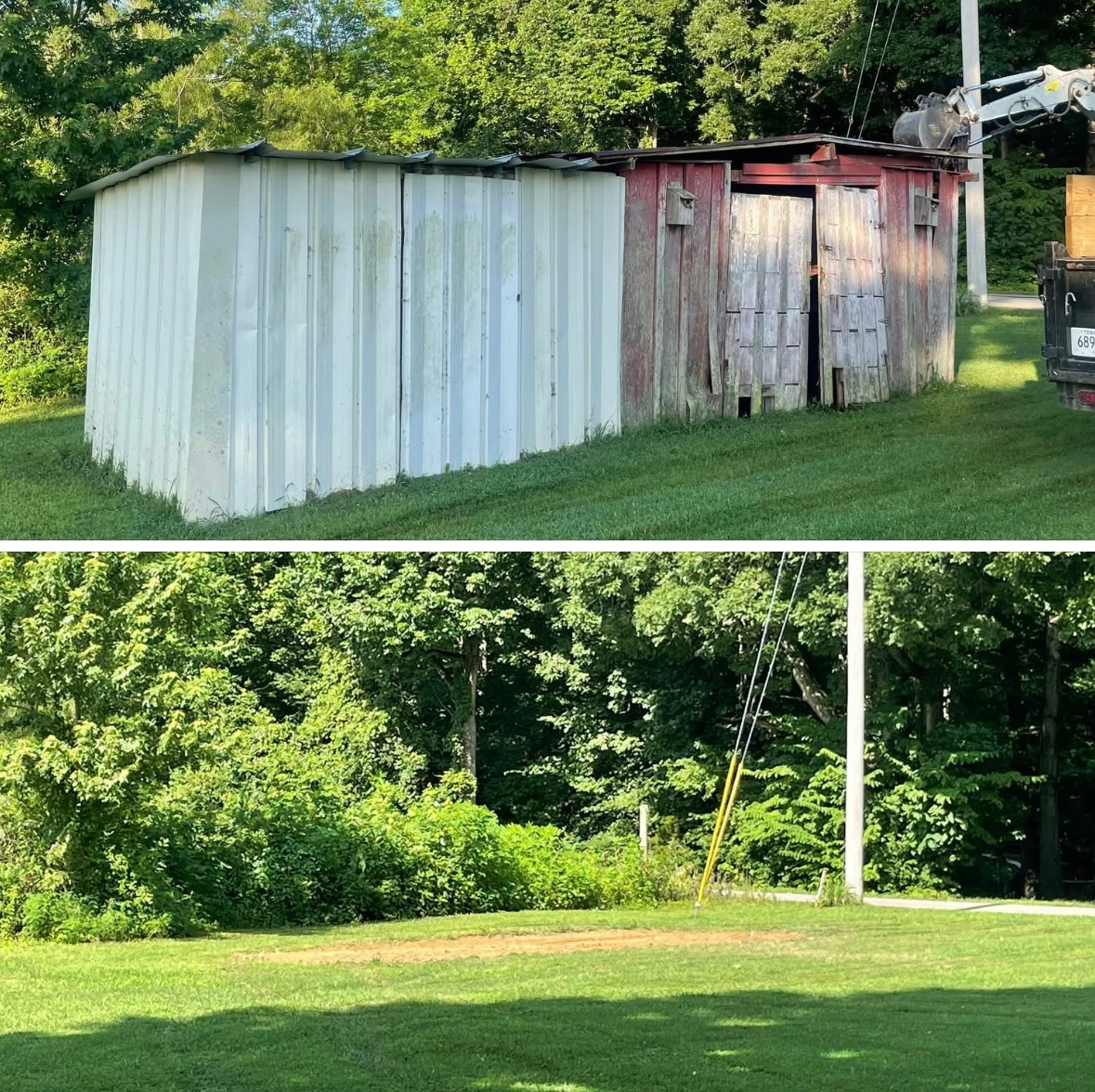 Before and after photos. An old, weathered shed then the cleared grassy area.