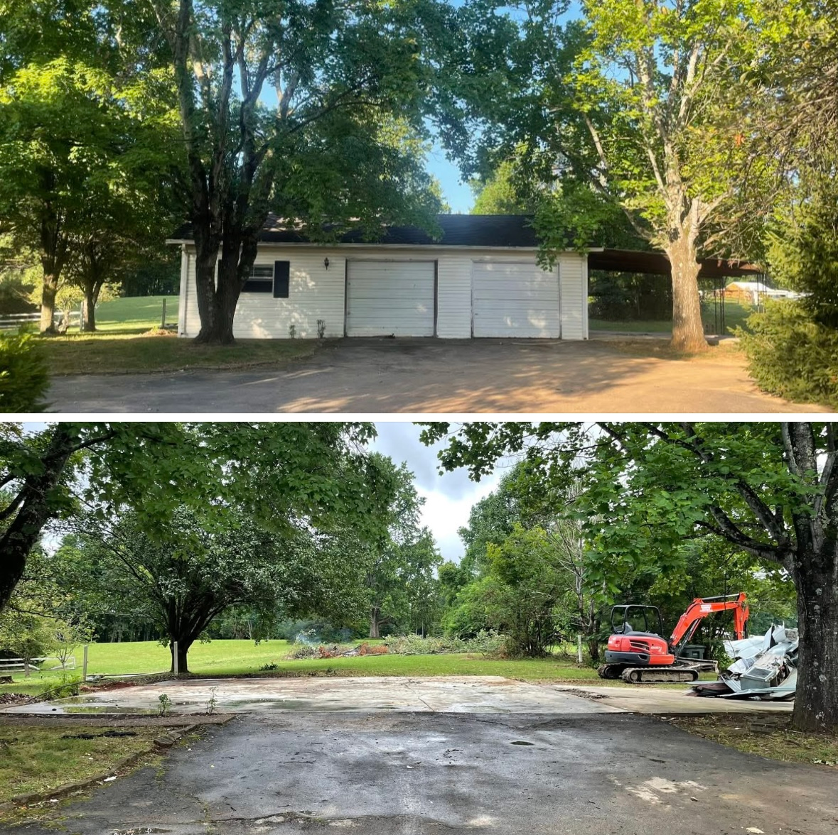 Top: white garage with closed doors surrounded by trees. Bottom: cleared lot with excavator.