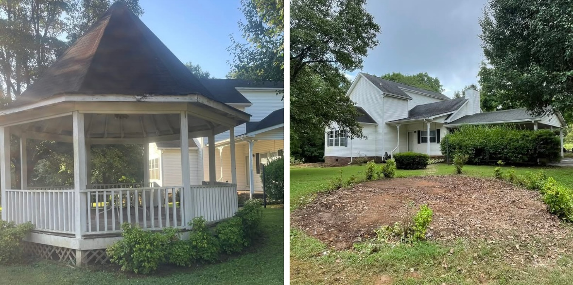 A white house with a gazebo, both with white trim, and a brown mulch garden.