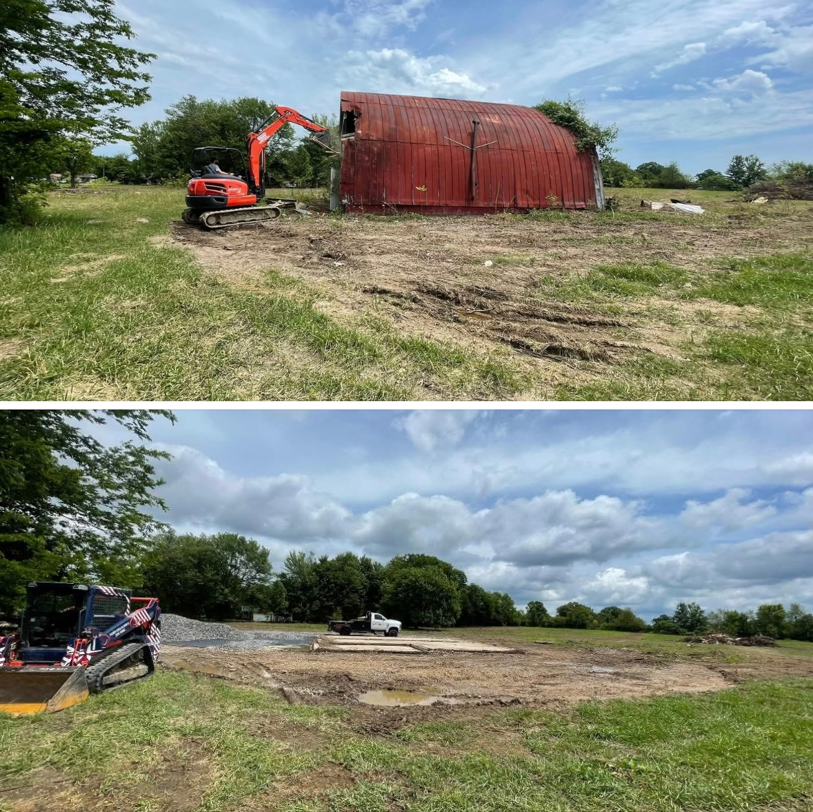 Top: Excavator demolishing a red metal building in a grassy field. Bottom: Site cleared.