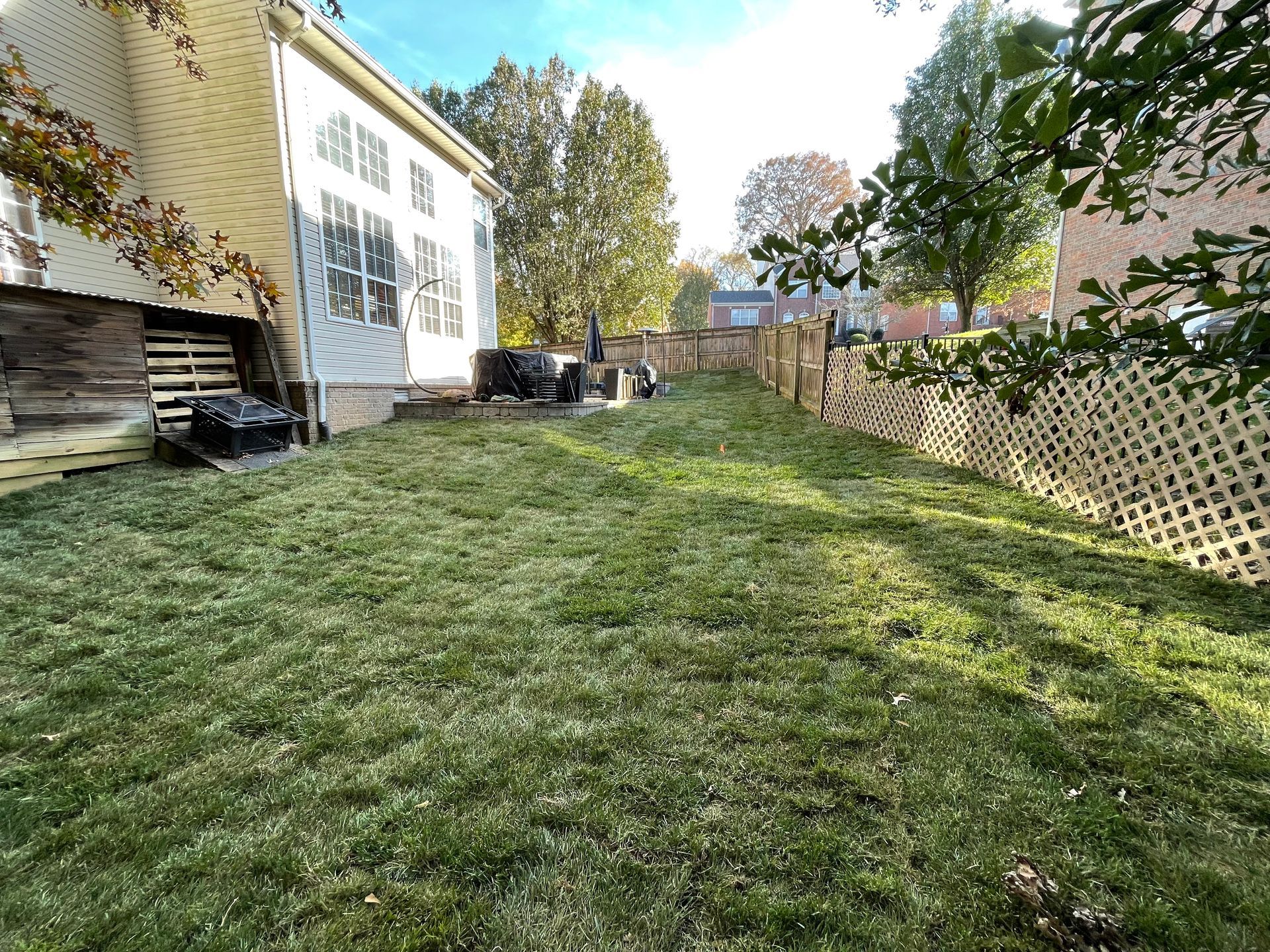 A lush green backyard with a fence and a house in the background.