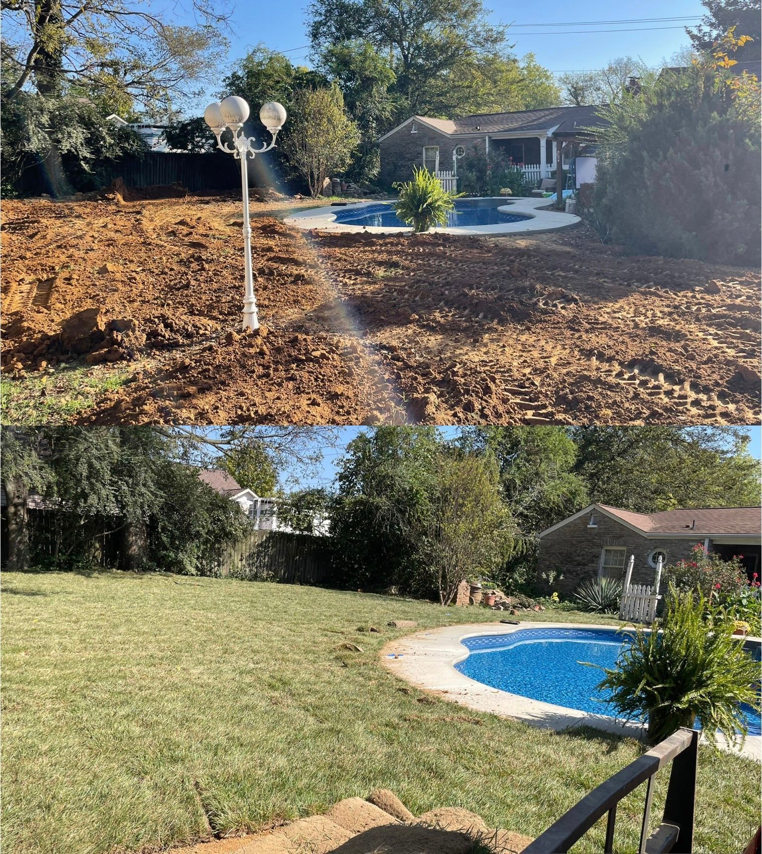 A before and after photo of a backyard with a pool