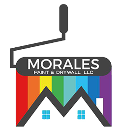 Logo for Morales Paint & Drywall LLC with a paint roller design over a rainbow-colored house silhouette.