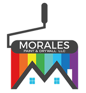 Logo for Morales Paint & Drywall LLC with a paint roller design over a rainbow-colored house silhouette.