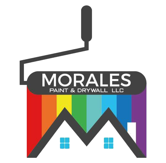 Logo for Morales Paint & Drywall featuring a paint roller over a house silhouette against a vertical rainbow background.