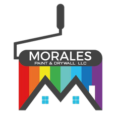 Logo for Morales Paint & Drywall featuring a paint roller over a house silhouette against a vertical rainbow background.