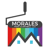 Logo for Morales Paint & Drywall LLC with a paint roller icon above a rainbow-colored background and house silhouette.
