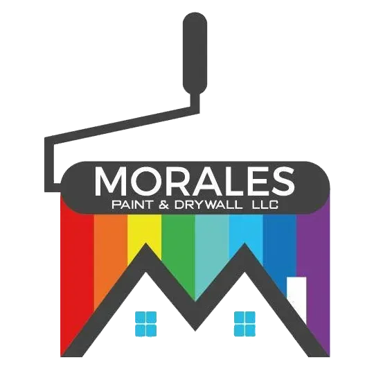 Logo for Morales Paint & Drywall LLC with a paint roller icon above a rainbow-colored background and house silhouette.