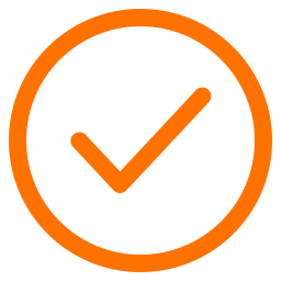 A check mark in an orange circle on a white background