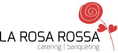 Logo di La Rosa Rossa per servizi di catering e banqueting con grafica di una rosa rossa.