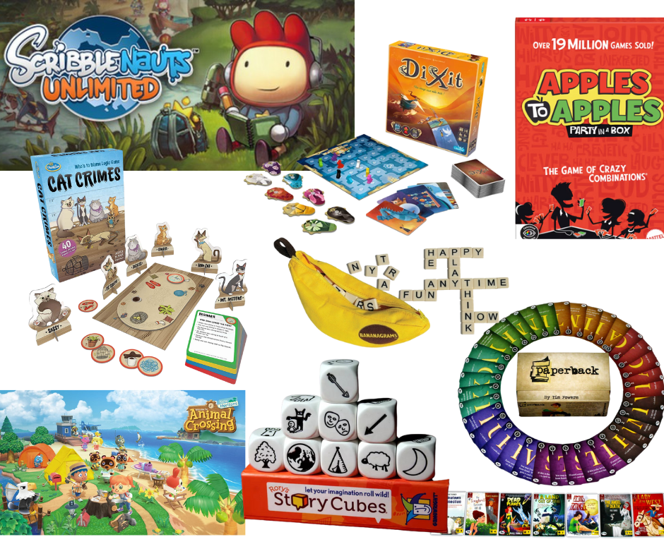 A collage of board games, video games, and word games. Including Scribblenauts, Dixit, Apples to Apples, and others.