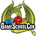 The GameSchoolCon logo and Mascot, Bob. A green dragon with wings is holding a d20 and a controller.
