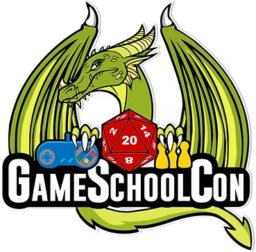 The GameSchoolCon logo and Mascot, Bob. A green dragon with wings is holding a d20 and a controller.