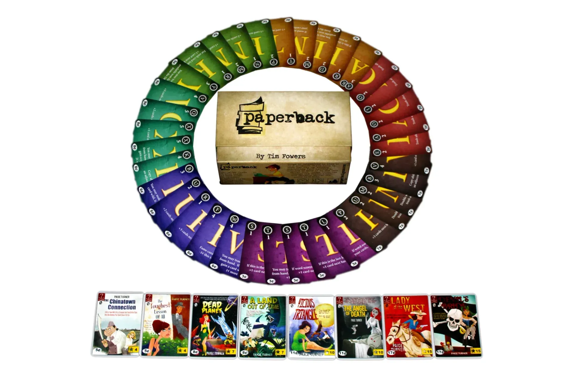 A ring of colorful book covers surrounds a game box labeled 