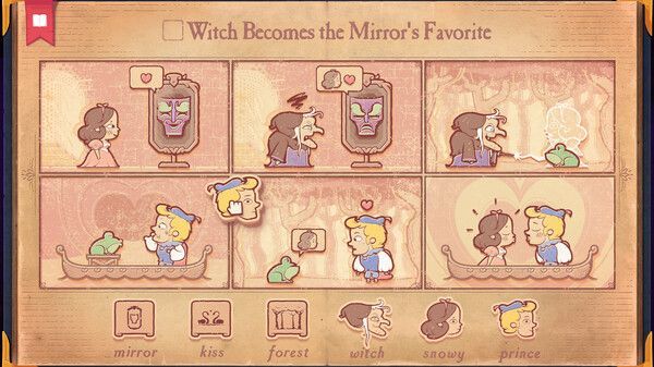 Game interface: a witch and prince interact with a magic mirror and a frog across six panels.