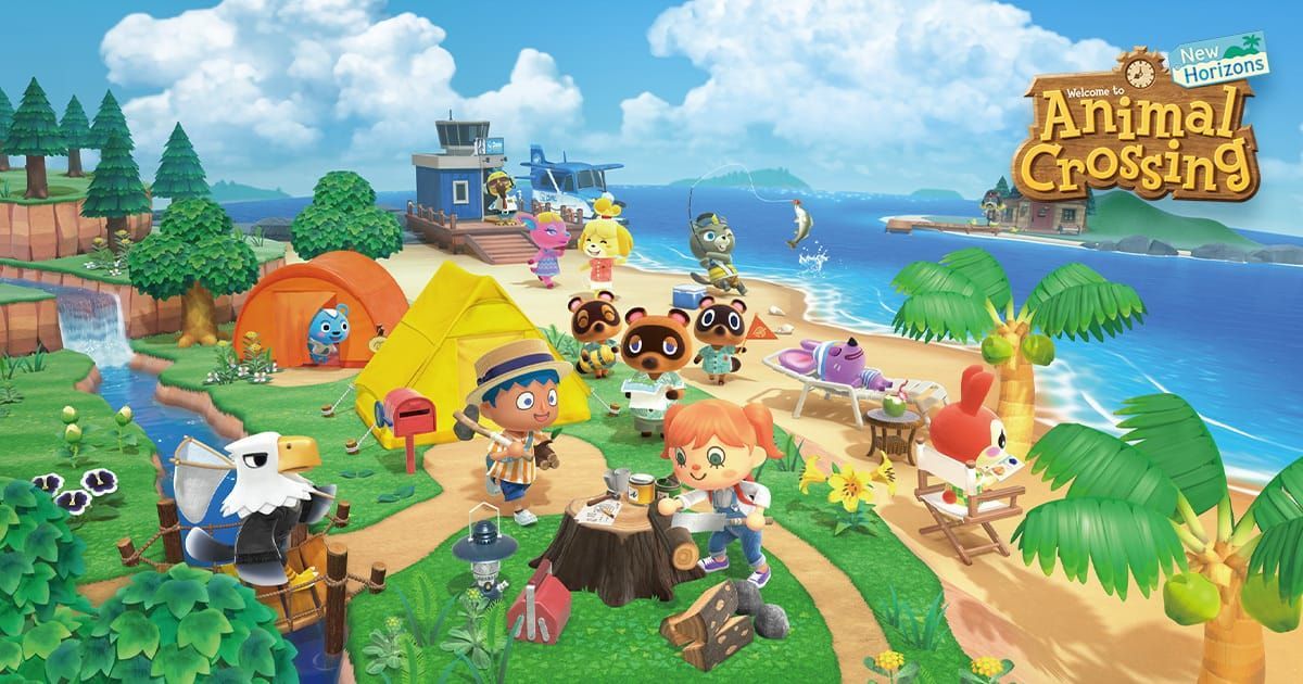 Animal Crossing scene: beach, villagers, tents, shop, Tom Nook, ocean, blue sky, sunny.