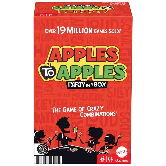 Apples to Apples Party in a Box game box, red, with game title and silhouettes of people playing.