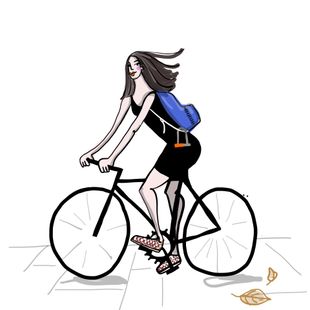 Art market specialist Tanja Pol on a minimalist black single speed bike, wearing checkerboard vans and a blue backpack