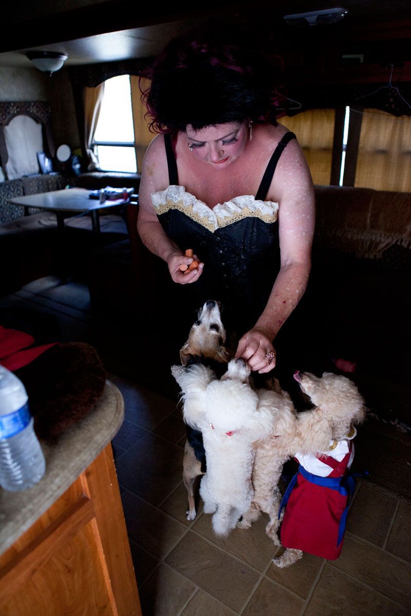 Carla feeds hotdogs to her dogs after their afternoon performance.