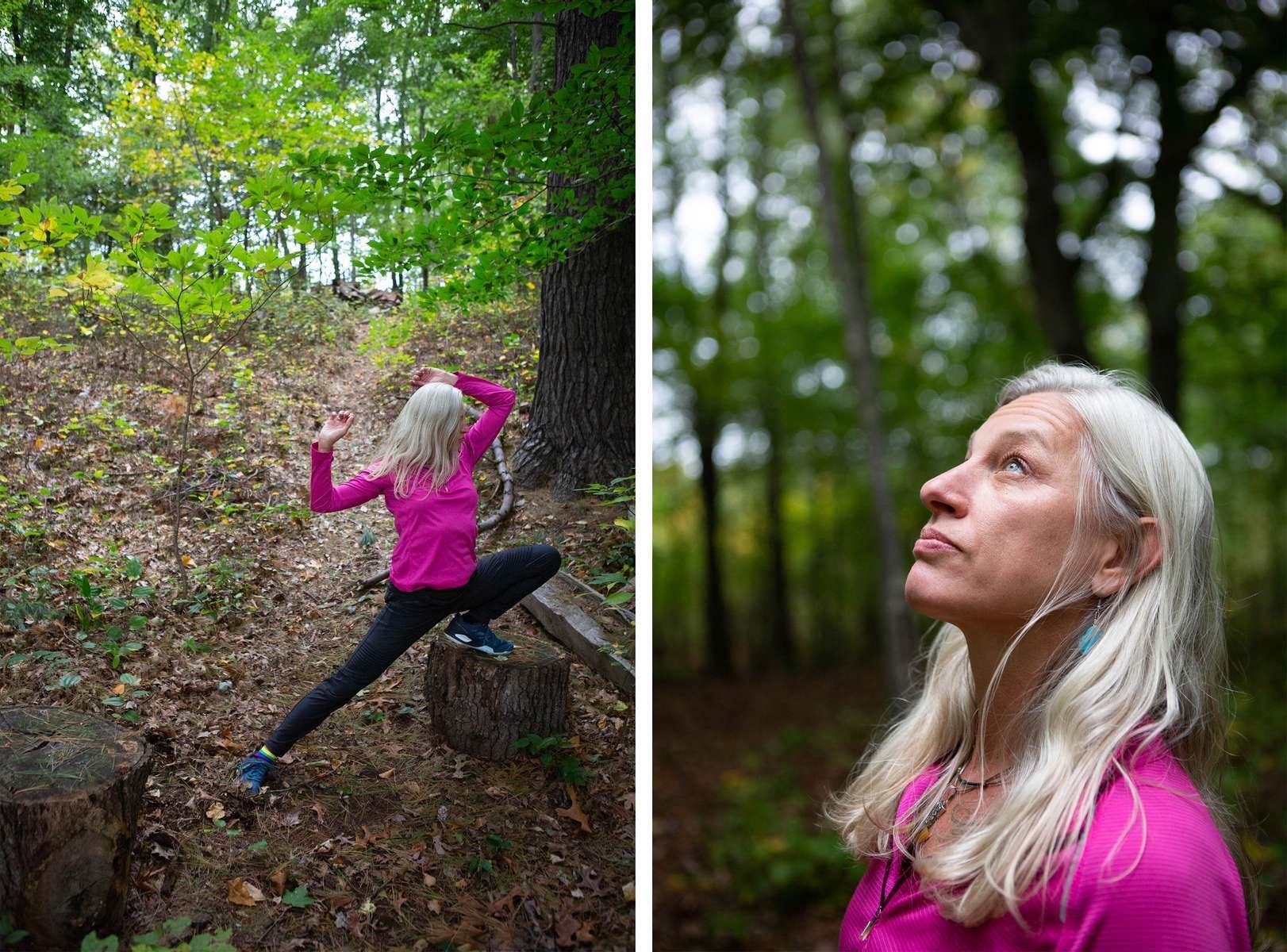 silver-haired woman moving in the forest