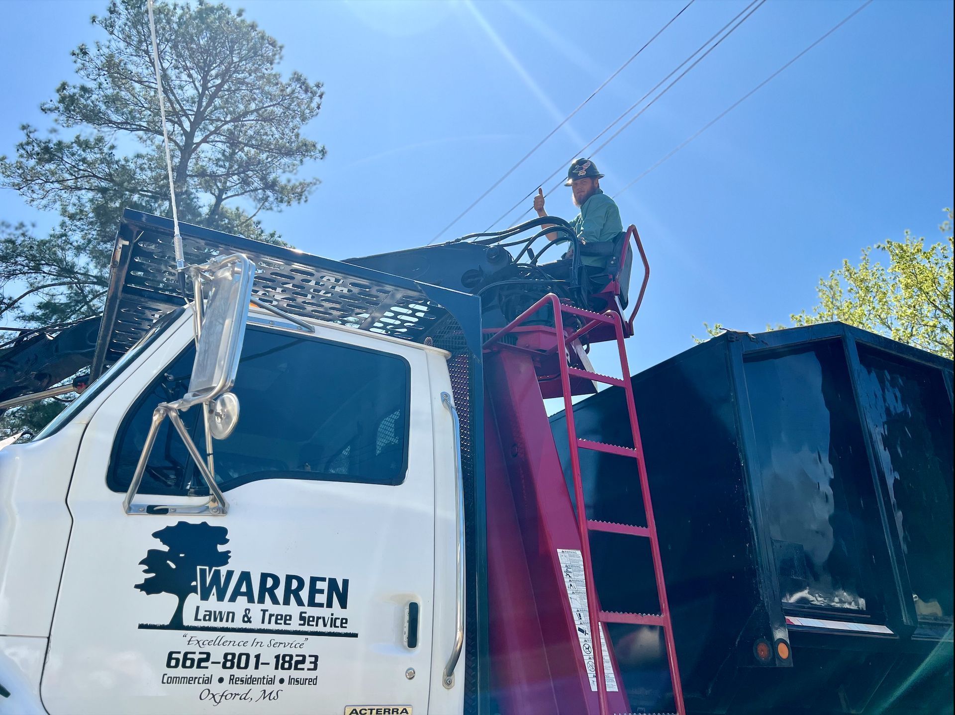 A man in a cherry picker trimming tree branches from a truck. The truck has the 