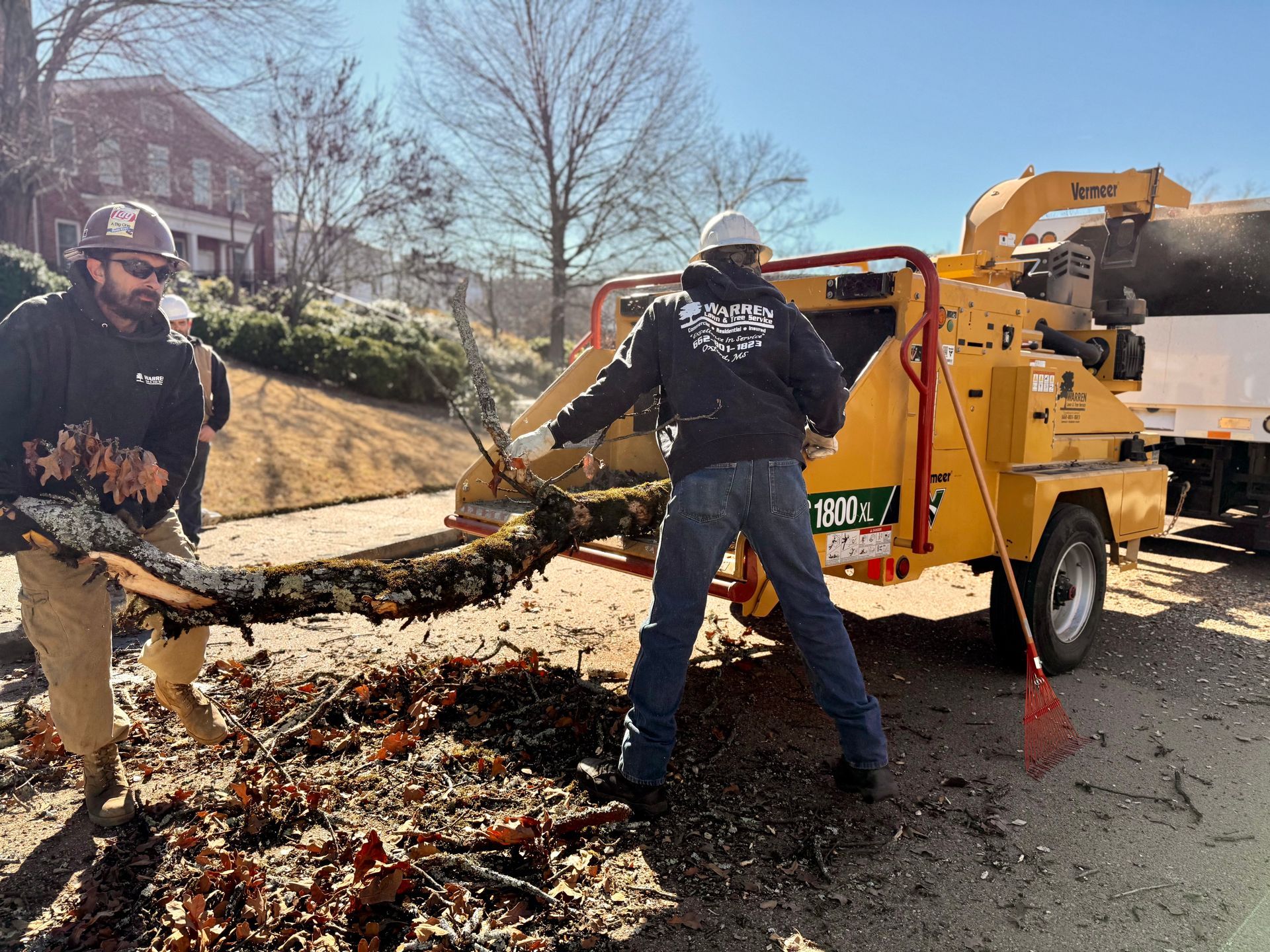 Two people feeding tree branches into a wood chipper on a sunny day.