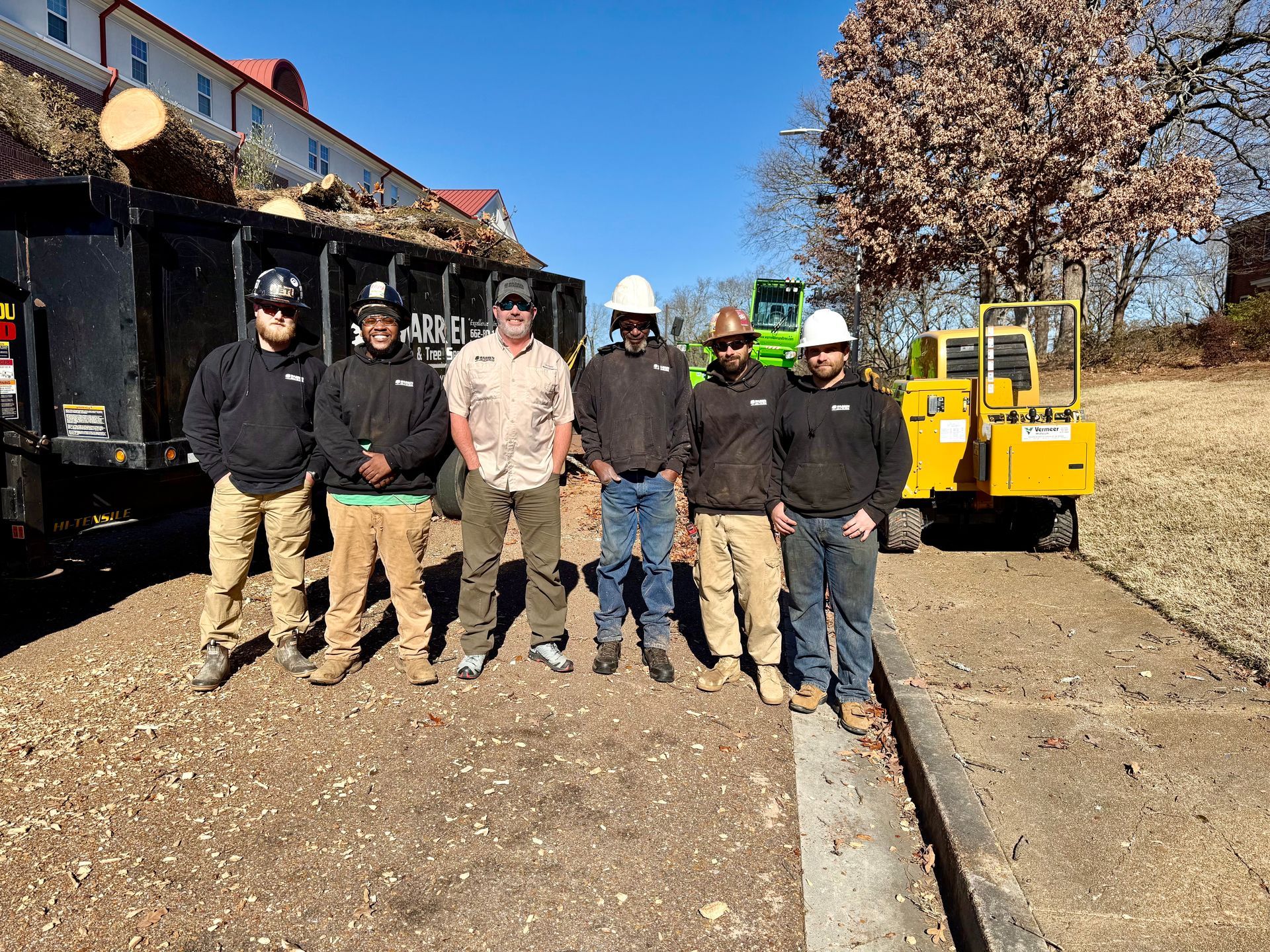 A tree service crew standing next to a truck filled with logs, next to a lift on a sunny day.