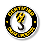 Certified Crane Operator badge with crane hook. Yellow and black design on a white background.