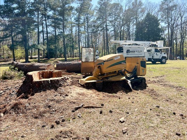 Stump grinder at work on a cut tree stump in a grassy area with a truck and trees in the background.