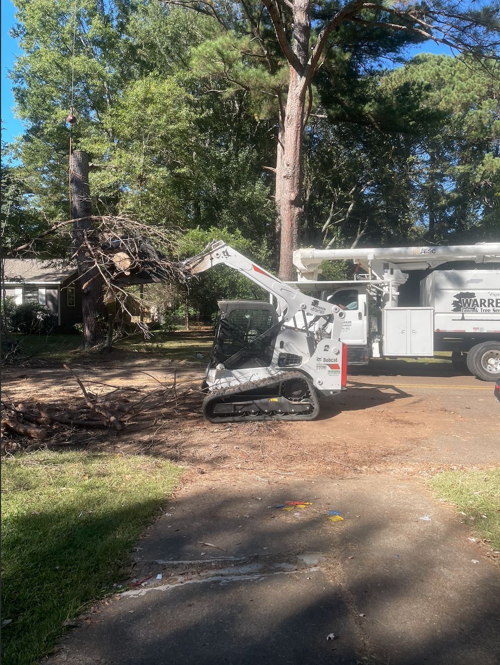Tree service removing a tree; tracked machine with lift arm, truck, residential setting.