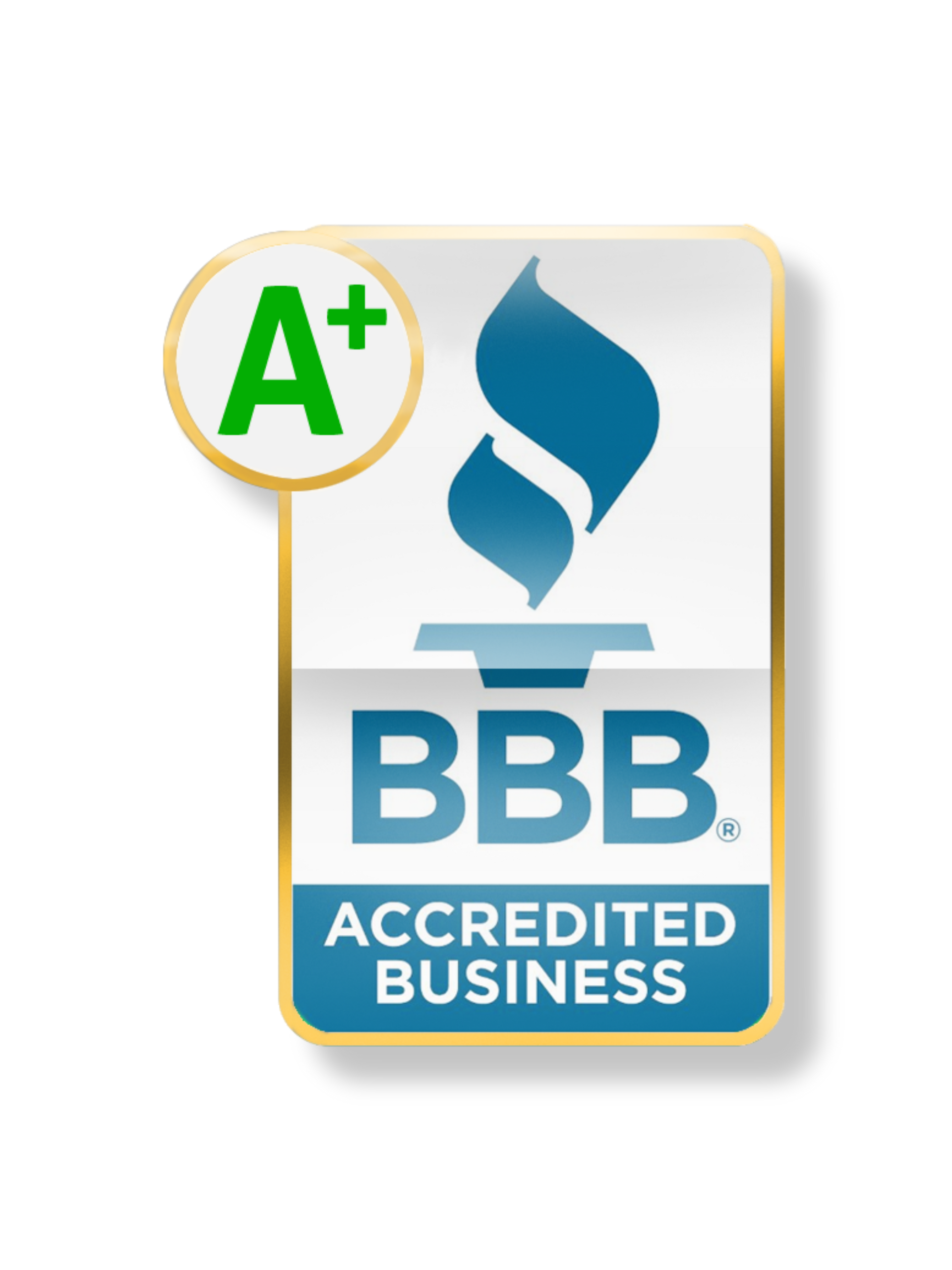 BBB Accredited Business logo with a white and gold outline; includes an A+ rating.