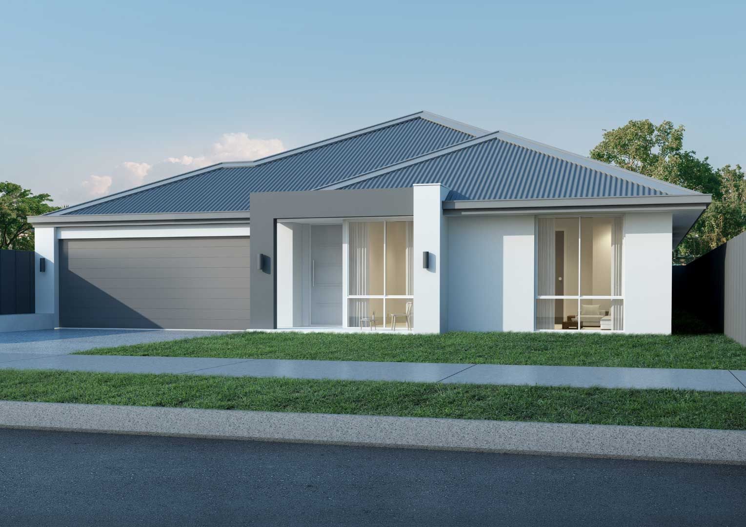Modern one-story house with gray roof, garage, and white walls. Front yard with green grass, blue sky.