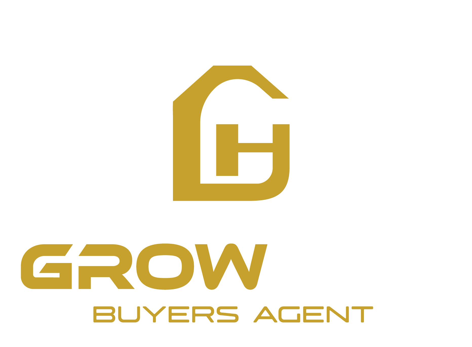 Gold logo: stylized house shape with letter 