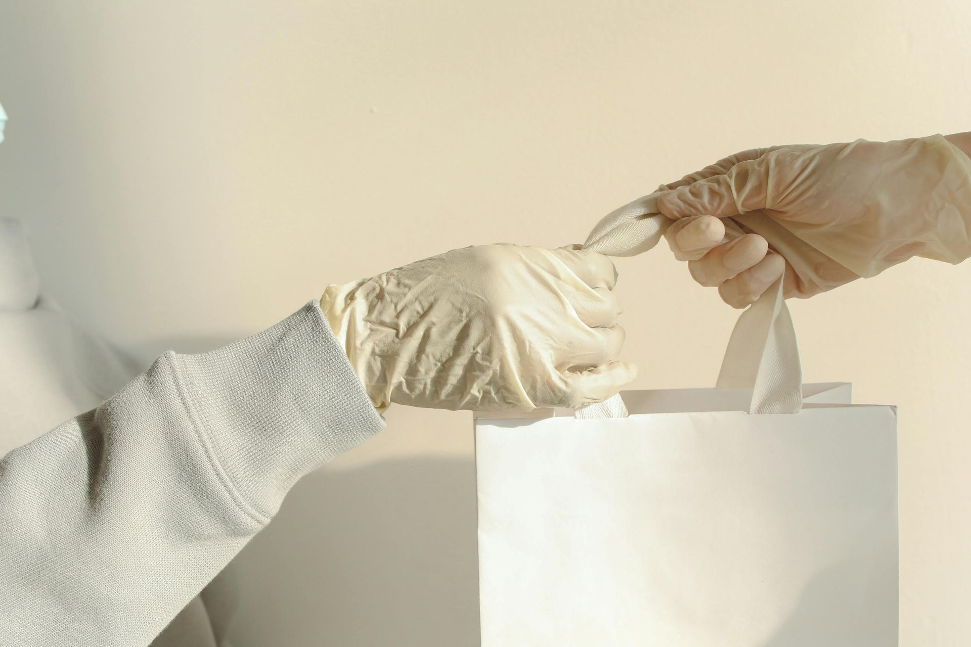 A person wearing gloves is handing a bag to another person.