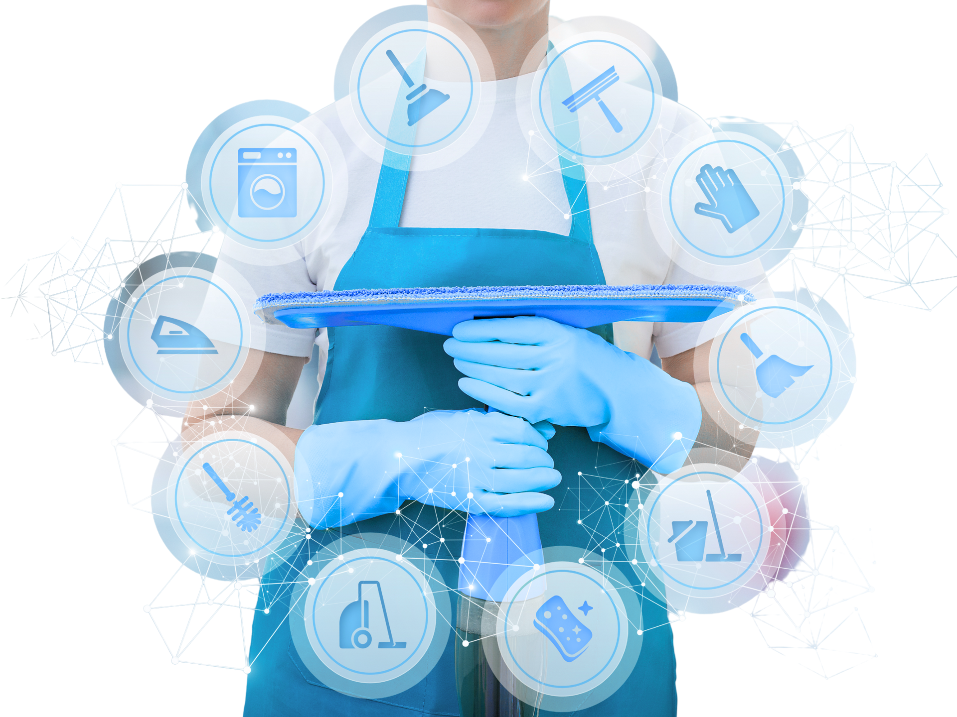 A woman in an apron is holding a mop in her hands surrounded by cleaning icons.