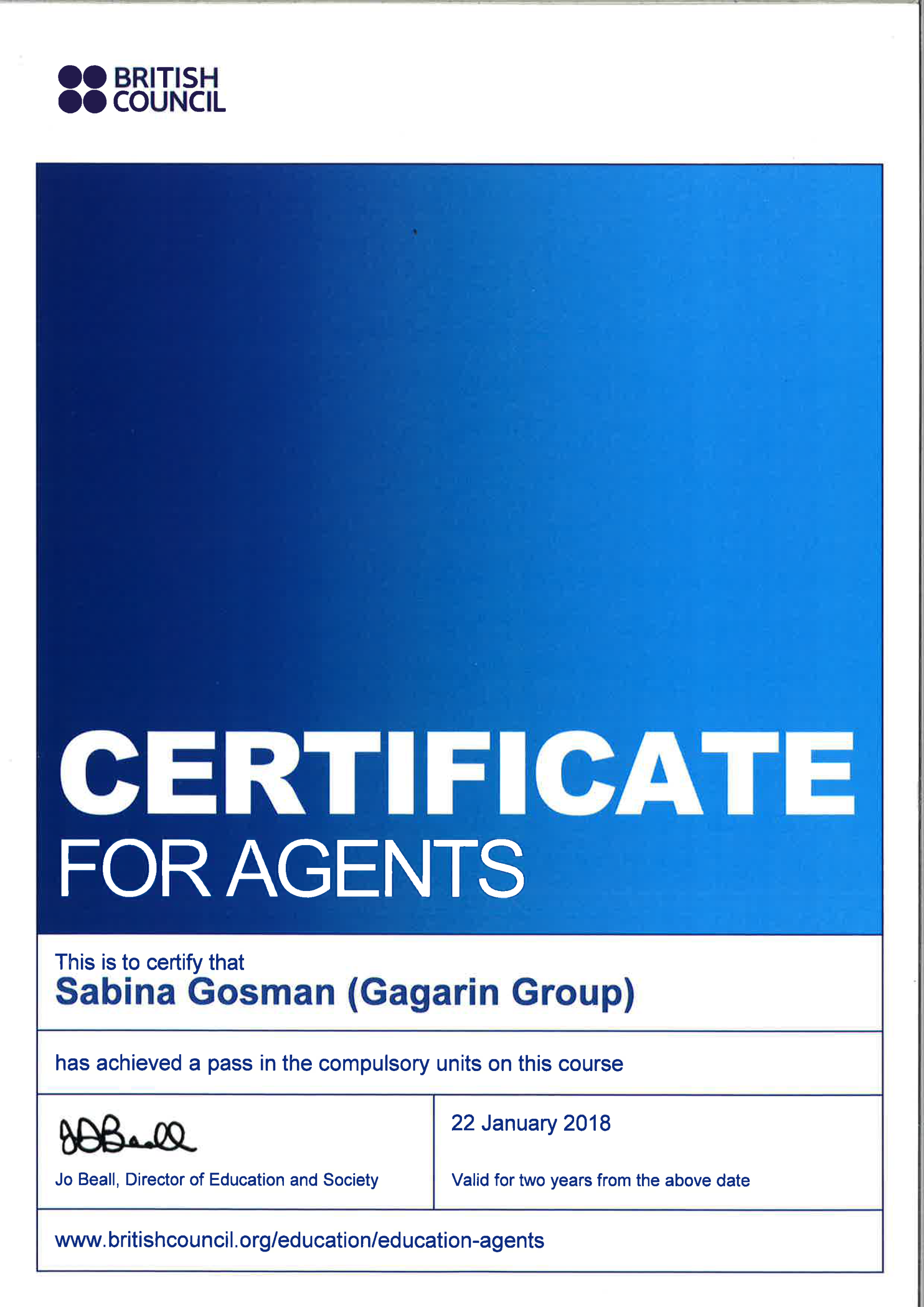 Certificate for Agents 1p