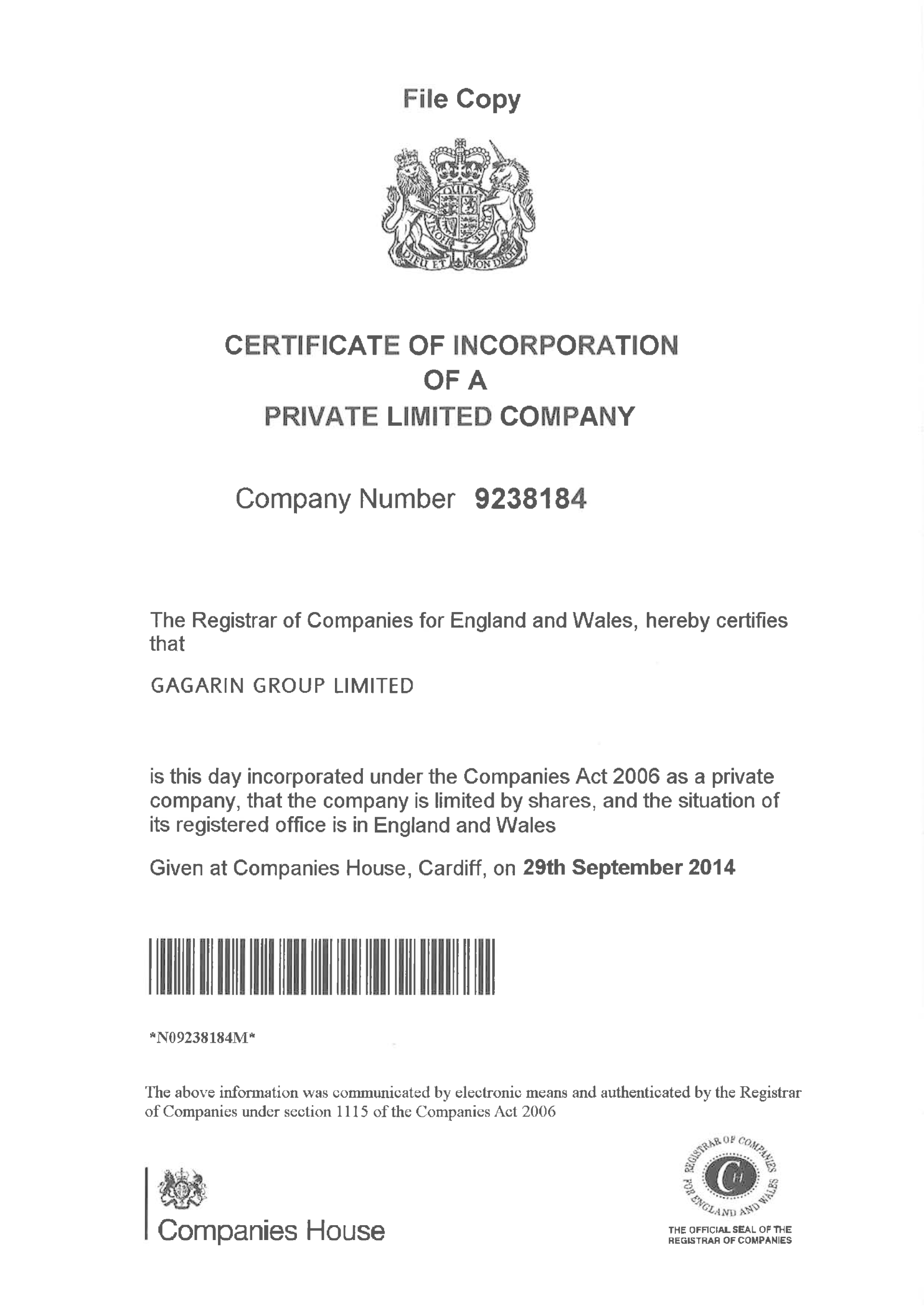 Certificate for incorporation