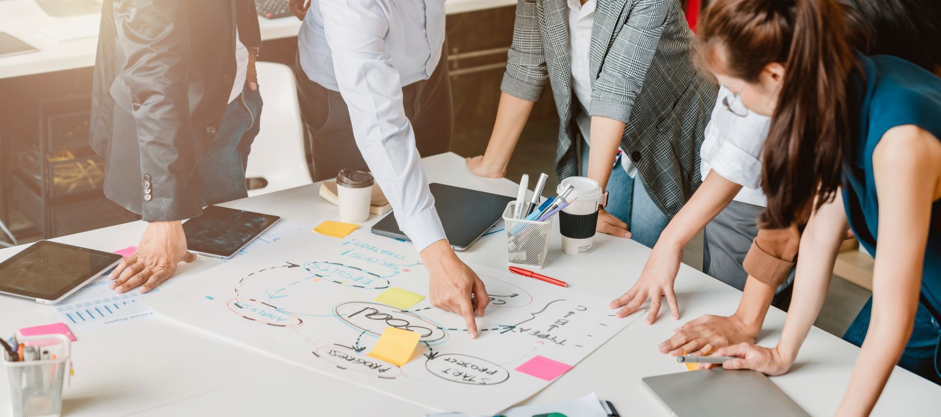 Group of people collaborating around a table, brainstorming with notes, diagrams, and sticky notes. Group of people collaborating around a table, brainstorming with notes, diagrams, and sticky notes.