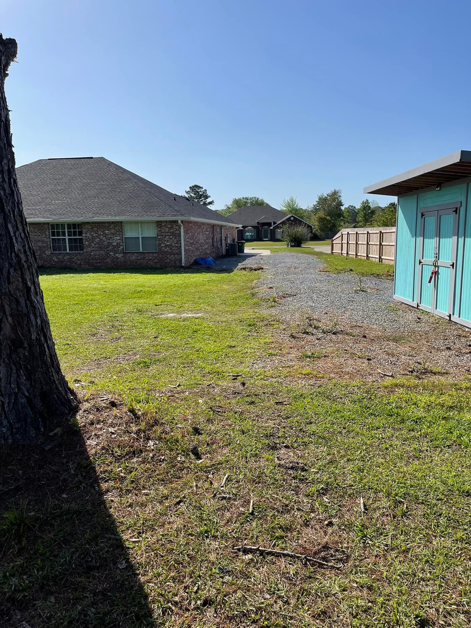 Grassy yard with a gravel driveway leading to houses under a clear blue sky.