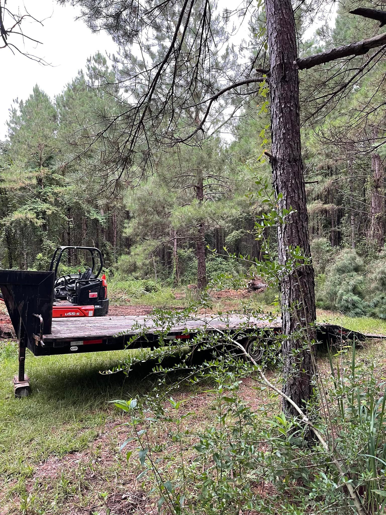 Tractor on a flatbed trailer in a forest clearing. Green trees and foliage are visible in the background.