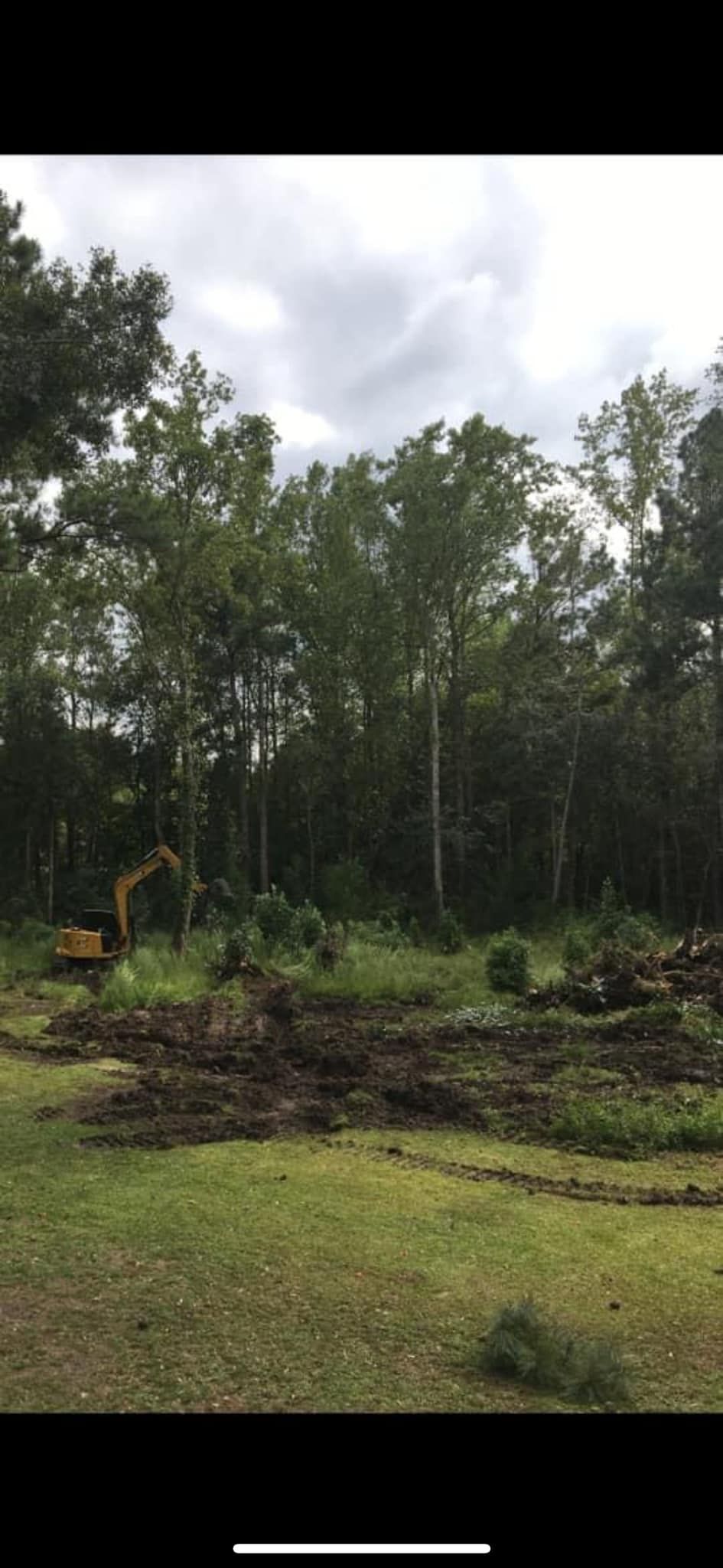 Construction site with a cleared patch in front of a treeline, excavator in the distance, and overcast sky.