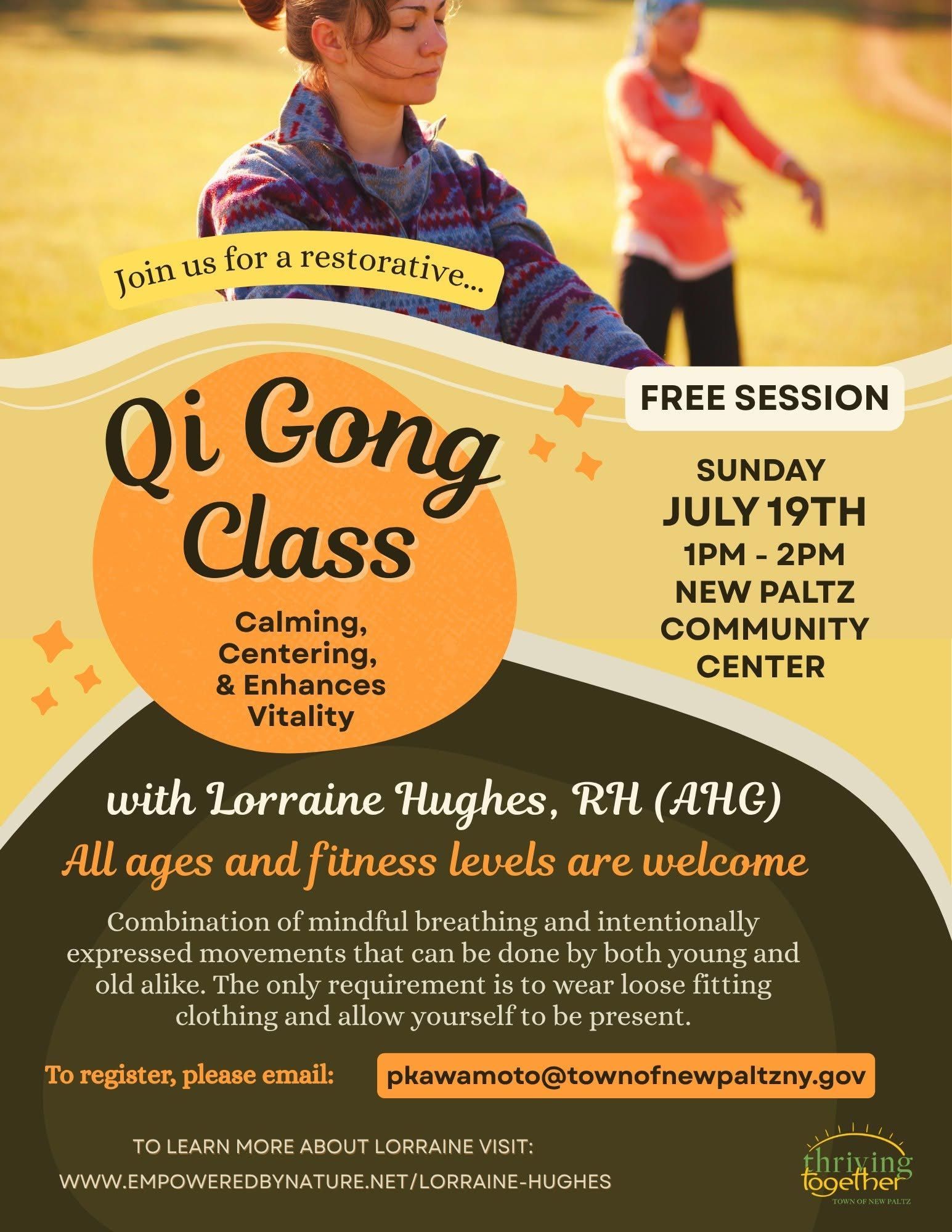 Qi Gong class flyer with people stretching, promoting a free Sunday community-center session. Qi Gong class flyer with people stretching, promoting a free Sunday community-center session.