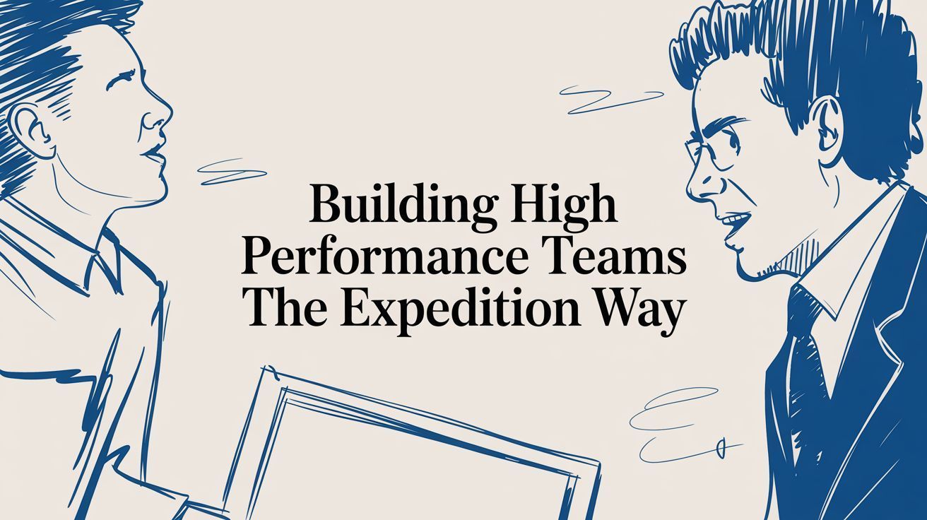 Two men discussing near a laptop, text reads 