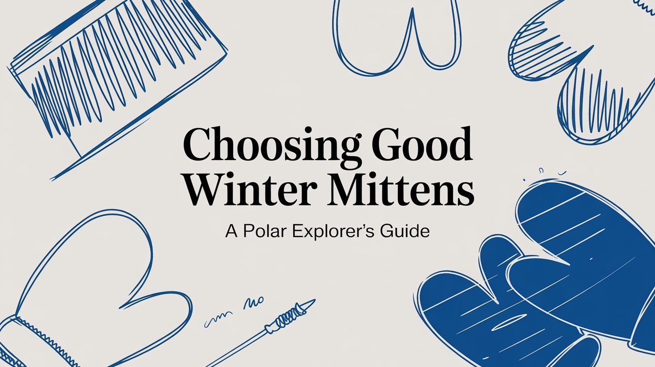 Tan background with sketched blue winter mittens and text: 
