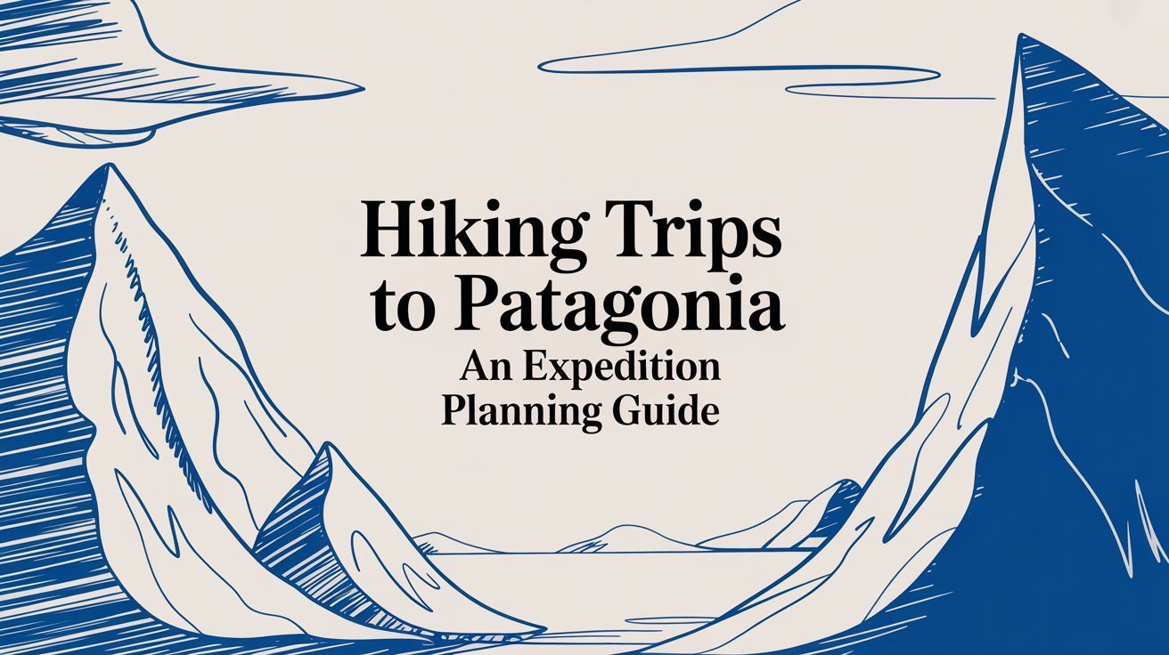 Blue and white illustration for a Patagonia hiking guide. Mountains frame the title: 